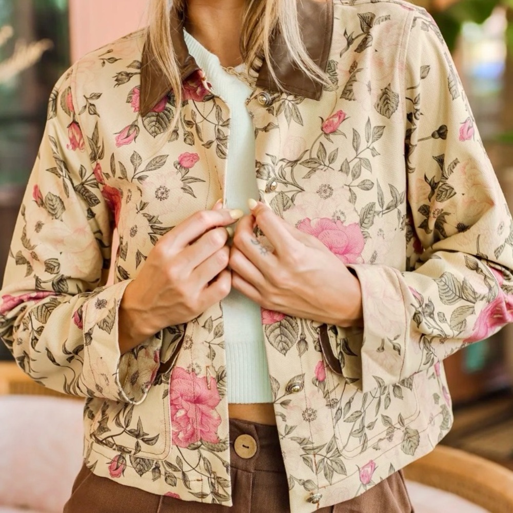 Entro Floral Denim Jacket with Faux-Leather Collar & Trim